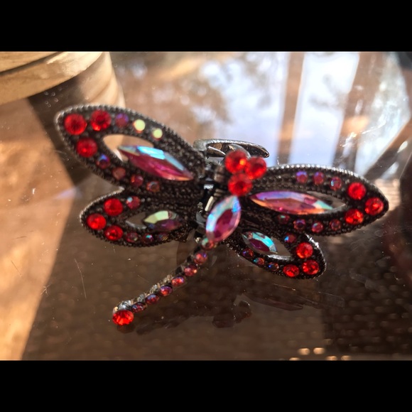 Vintage SNK Stamped Large Swarovski Crystal Dragonfly Claw Clip Hair Jewelry - Picture 12 of 14